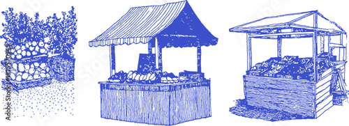 Three blue drawings of small wooden structures with roofs. The first drawing is a simple, single structure with a roof. vector illustration
