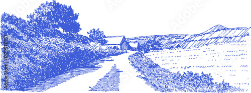 A blue and white drawing of a road with a house in the distance. The road is narrow and winding. vector illustration