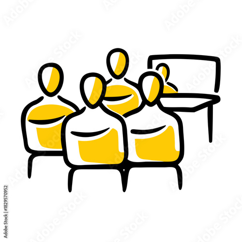 Group of abstract figures attending a presentation in a classroom  