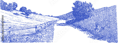 A blue and white drawing of a road with trees in the background. The road is lined with a fence. vector illustration