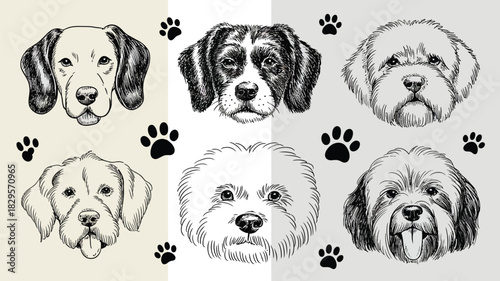 Six dog breeds sketches with paw prints arranged in a pattern on a split tone background illustration