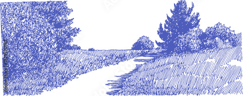 A blue and white drawing of a road with trees in the background. The road is narrow and winding. vector illustration
