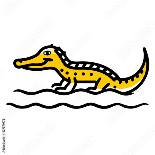 Cartoon crocodile walking in water with a smiling expression  