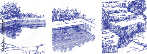 A blue drawing of a pool, a waterfall, and a rock wall. The waterfall is in the middle. vector illustration