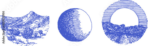 A blue drawing of a mountain, a moon, and a sun. The moon is in the middle and the sun is on the right. vector illustration