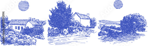 A blue and white drawing of a house and a tree. The drawing is of three different scenes. vector illustration