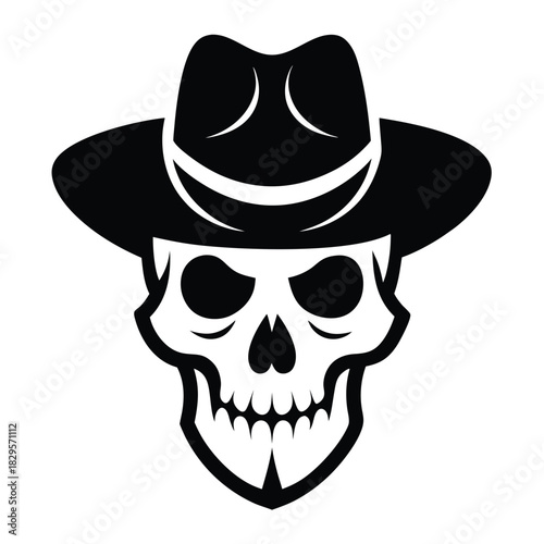 Monochrome shows a skull wearing a cowboy hat in simplistic form