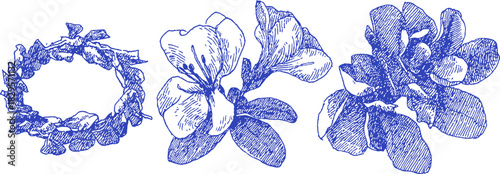 Three blue flowers with a wreath in between. The wreath is in the middle. The flowers are on the right. vector illustration