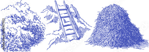 A blue drawing of a pile of hay, a ladder, and a tree. The hay is piled up in a heap. vector illustration