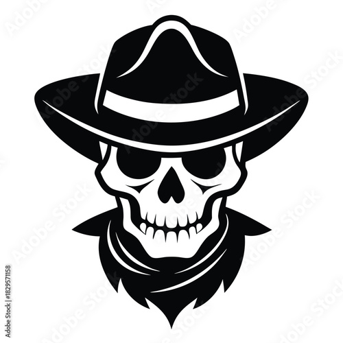 A skull wearing a cowboy hat and bandana creates a menacing monochrome silhouette vector