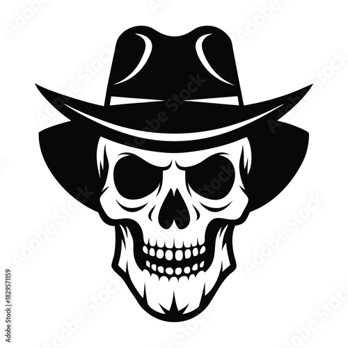 Skull adorned with a cowboy hat emits an aura of wild west mystery in black