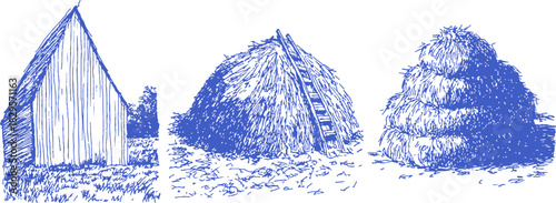 A blue and white drawing of a barn, a straw hut, and a hay stack. The barn is on the left, the straw hut is in the middle. vector illustration