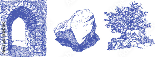 A blue and white drawing of a rock, a tree, and a doorway. The rock is positioned in the middle of the drawing, with the tree. vector illustration