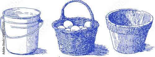 Three blue buckets with baskets in them. The baskets are filled with eggs. The buckets are of different sizes. vector illustration