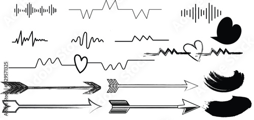 Abstract set of heartbeat EKG lines, sound waves, and arrows with heart shapes and brush strokes.