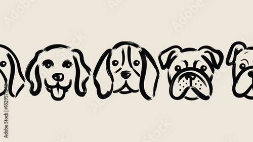 A row of dog breed sketches in black ink including a beagle and a bulldog on a cream background