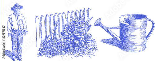 A man is standing in front of a fence. A garden hose is next to the fence. A watering can is next to the hose. vector illustration