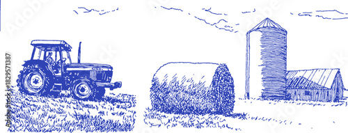 A tractor is driving down a field. A barn is in the background. A grain silo is in the foreground. vector illustration