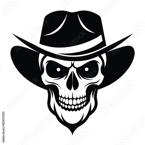 Monochrome cowboy skull with wide brimmed hat evokes western mystique and spooky allure