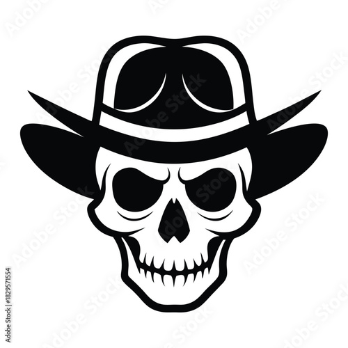 Skeleton head wears a black cowboy hat; the simple monochrome creates an emblem