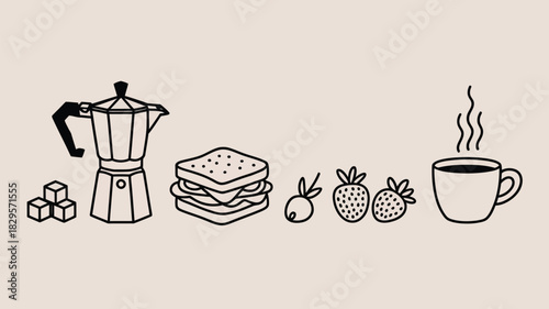 Still life illustration of breakfast items including coffee maker, sandwich, and strawberries