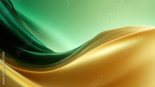 Emerald green gradients melt into amber gold forming fluid waves a silky matte texture Fine shadows cast subtle