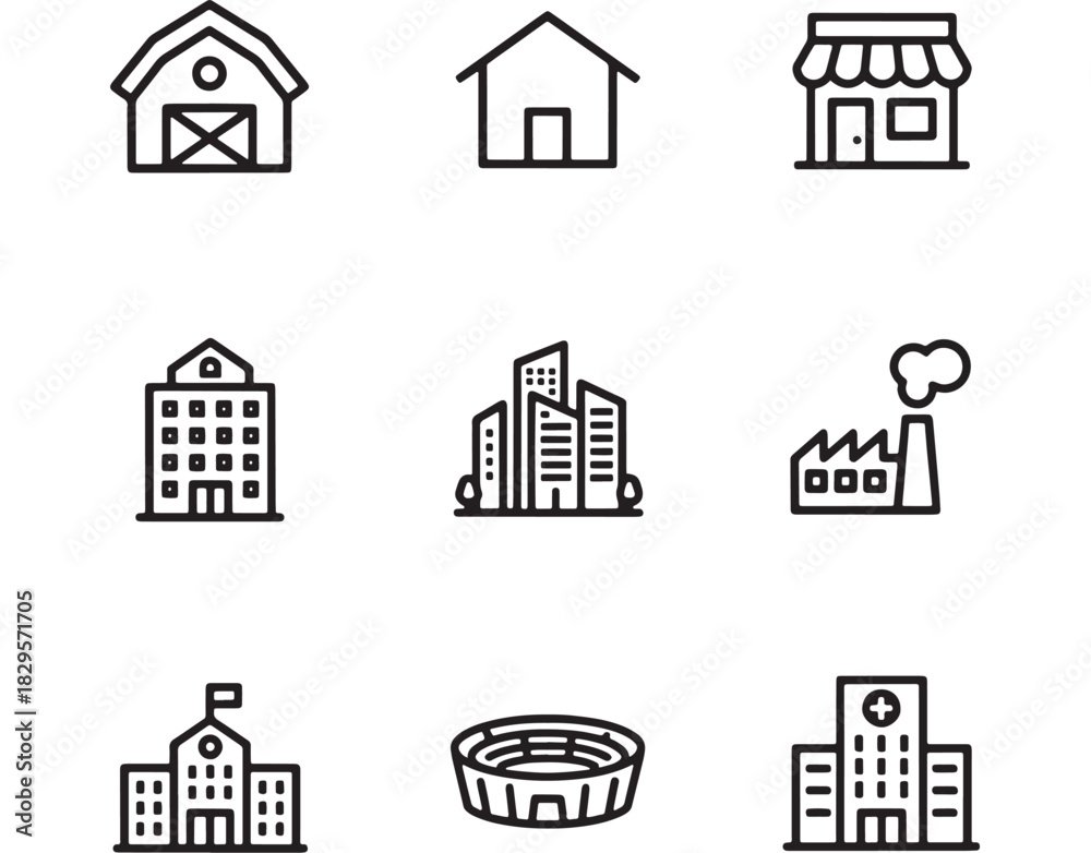 Fototapeta premium a collection of nine simple line art building icons including a barn houses a factory and a stadium on transparent background silhouette high quality professional detailed