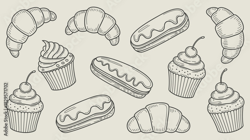 A sketched pattern of croissants eclairs and cupcakes with cherries on a light beige background