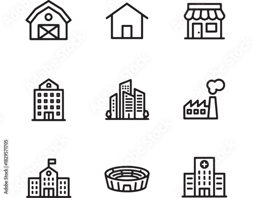a collection of nine simple line art building icons including a barn houses a factory and a stadium on transparent background silhouette high quality professional detailed