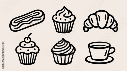 Line art illustration of an eclair, cupcakes, croissant, and a cup of coffee on a cream background