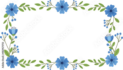Delicate blue floral frame illustration with vibrant blossoms and lush green leaves, a charming botanical border design ideal for invitations, greeting cards, and various decorative projects