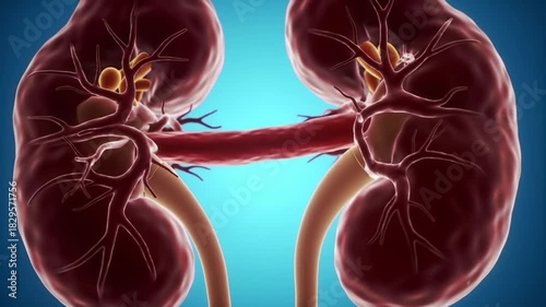Detailed 3D Illustration of Human Kidneys with Anatomical Structure Highlighted on Blue Background