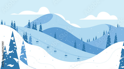 Winter mountain landscape vector illustration of ski resort with slopes, funicular, and ski lift