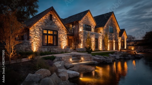 Evening riverside home with stone and uplighting dynamic lighting angles creating sharp architectural shadows water reflecting warm lights