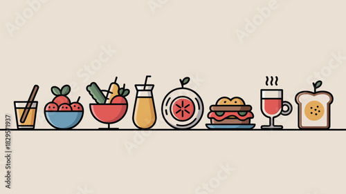 Illustration of various food items including drinks, fruits, sandwich, and toast on a light background