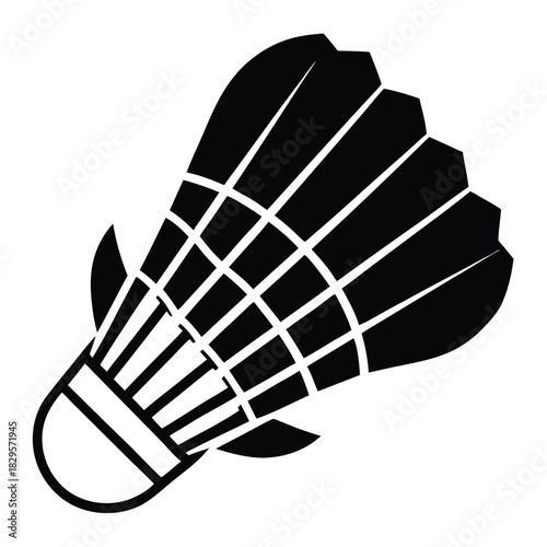 A solid black badminton shuttlecock stands poised and ready for action in stark monochrome style
