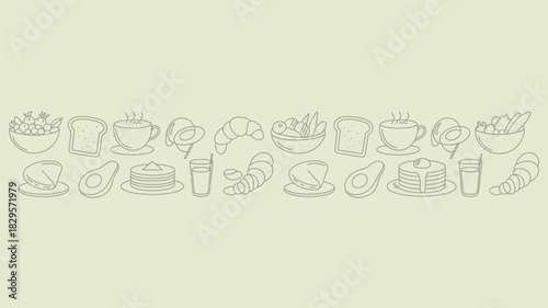 A line of breakfast food items including pancakes coffee croissant avocado and fruit bowl illustrations