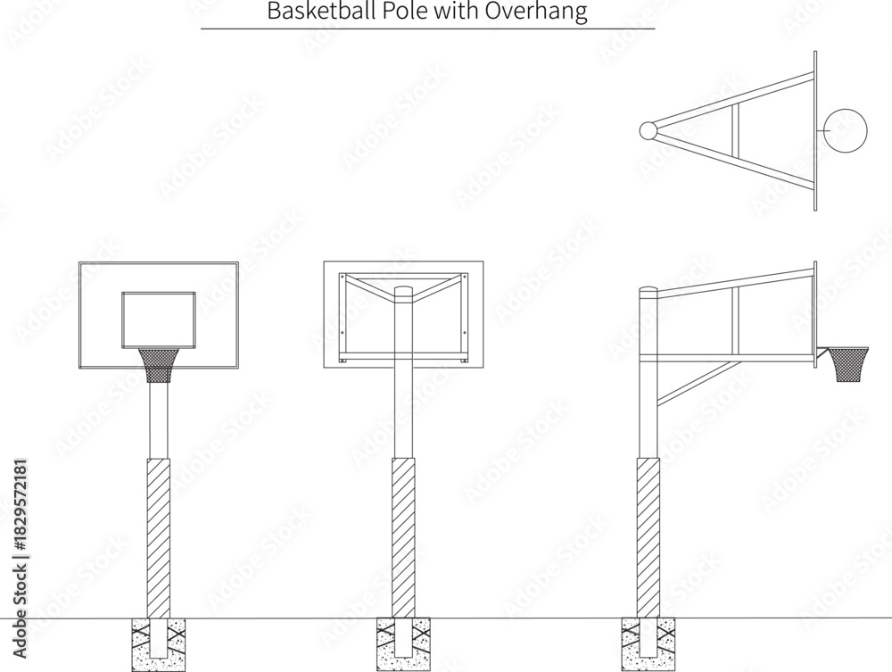 Naklejka premium Side, Front, Back, and Plan Views of Basketball Pole with Overhang