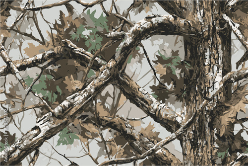 Detailed texture of camouflage fabric with intricate tree branches and foliage.Camouflage seamless pattern. Forest real tree camouflage design. Hunting camouflage,Digital camo.