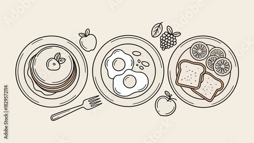 Breakfast illustration with pancakes eggs toast and fruit on plates in a line art style drawing design