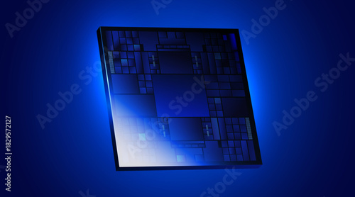 Futuristic microchip processor on a vibrant blue background, symbolizing digital innovation and advanced technology.
