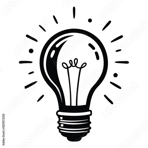 A stylized light bulb radiates energy with filaments, a simple, blackandwhite symbol
