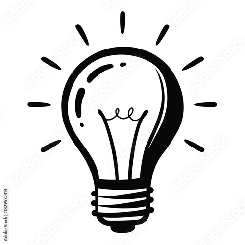 Shining black and white lightbulb radiates an idea of innovation or inspiration