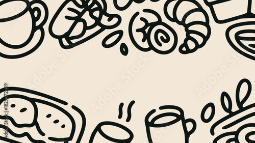 A pattern of coffee cups croissants and pastries with black outlines on a light beige background