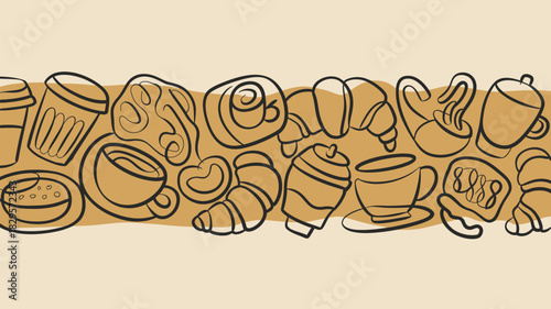 Illustration of coffee cups and pastries with brown outlines on a beige and brown background design
