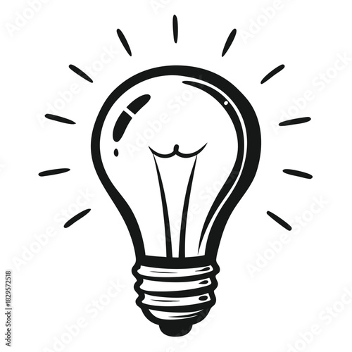 Black lightbulb radiates illuminating beams, signifying innovative ideas and inspired solutions creatively captured in simple style