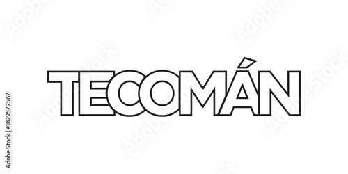 Tecoman in the Mexico emblem. The design features a geometric style, vector illustration with bold typography in a modern font. The graphic slogan lettering.