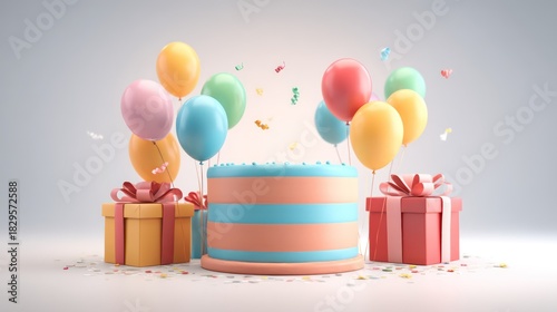 Festive cartoon banner showcasing a massive striped cake surrounded by floating balloons. Wrapped gift boxes rest neatly on