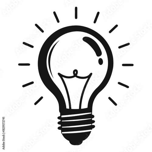 Shining lightbulb with filament and radiating lines, conveying a clear concept in black and white