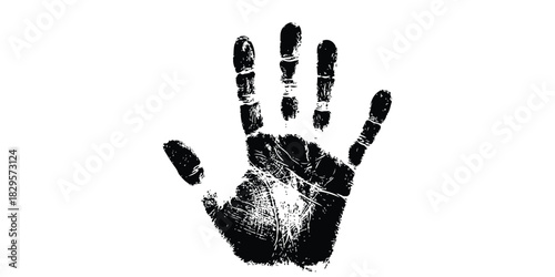 Black detailed human handprint symbol with texture on an isolated white background